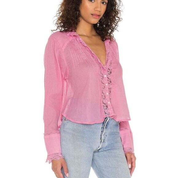 Free People 100% Cotton Clemence Buttondown Blouse Shirt Pink Size Medium - Picture 2 of 13